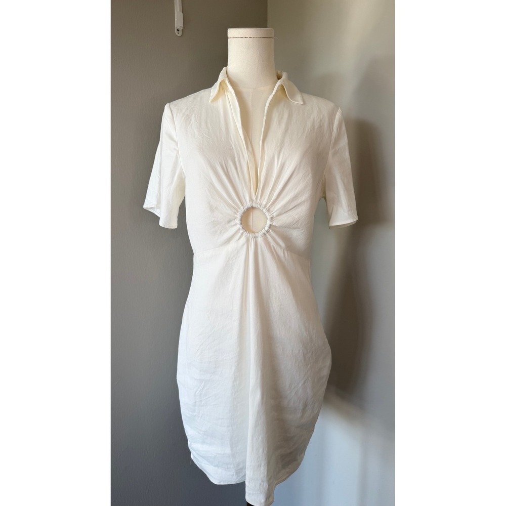 Zara Ivory Mini Dress L Circular Cutout Plunge Neck Collared Y2K